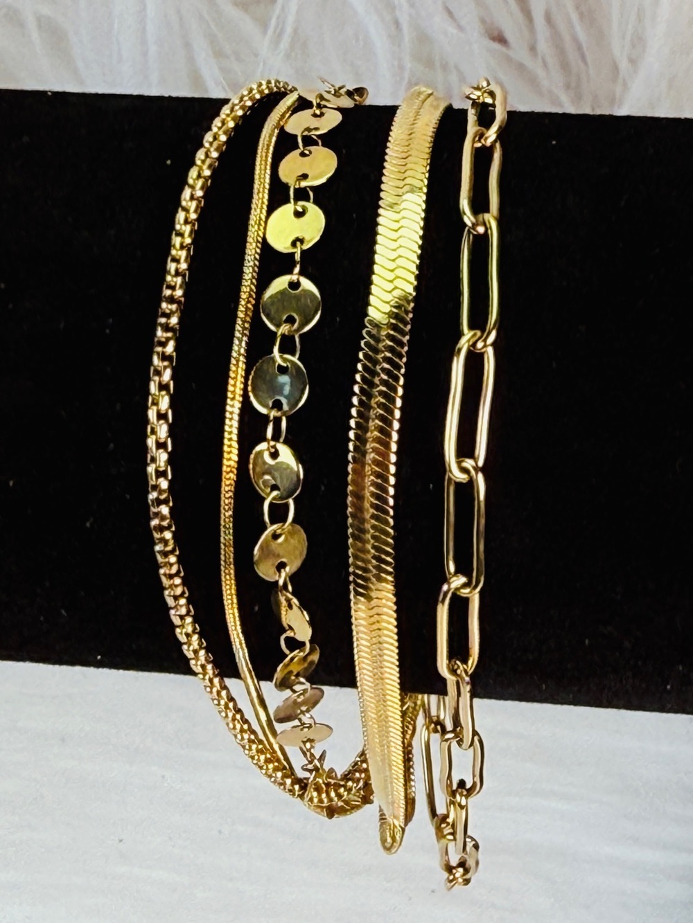Victoria Emerson, connected five strand, clasp closure, goldtone bracelet
